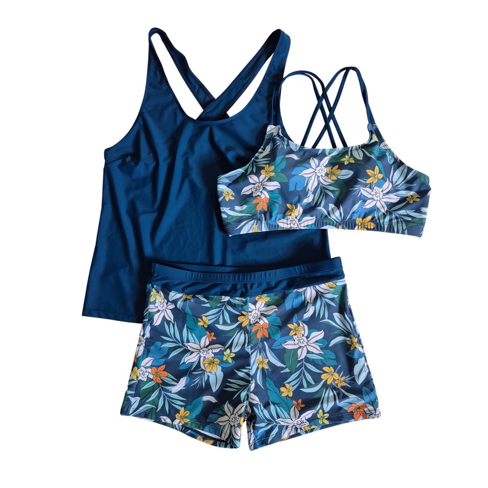 Holipick Womens 3 Piece Tankini Swimsuit Set Floral Blue XL New With Tags